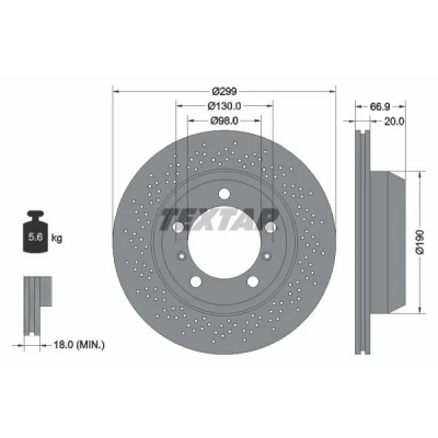 Imagen de TEXTAR PRO 92165303 Disco de freno 299 20 05/07 130 perforado, ventilación interna revestido sin perno sujeción rueda, buje rueda