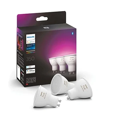 Imagen de Philips Hue Bombilla LED Inteligente, GU10, Luz Blanca y de Colores, 4.2W 400 lúmens, Compatible con Alexa Google Home Pack 3 Bombillas inteligentes