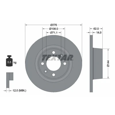 Imagen de TEXTAR 92107900 Disco de freno 276 14 04/06 108 macizo sin perno sujeción rueda, buje rueda CITROËN: C5 I Hatchback, III Familiar