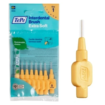 Imagen de TePe Cepillos interdentales Extra Suaves/Palillos para una higiene bucal delicada/Tamaño 1, diámetro 0,45mm / 8 unidades por paquete, color naranja claro
