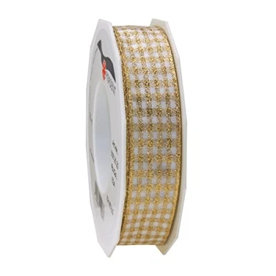 Imagen de Prasent C.E. Pattberg 20 m 25 mm Vichy Decorativo Tejido de Cinta con Alambre metálico, Color Dorado y Blanco