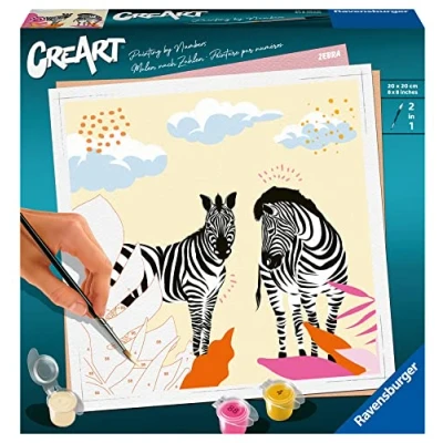 Imagen de Ravensburger CreArt Cebra, Kit para Pintar por Números, Contiene una Tabla Preimpresa 20x20 cm, Pincel, Colores y Accesorios, Juego Creativo Relajante Adultos 14+ Años