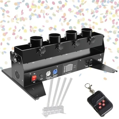 Imagen de máquina lanzadora de confeti profesional, DMX512 y chorro con control remoto, 4 cabezales para bodas, fiestas, bares, ceremonias, rotación 180