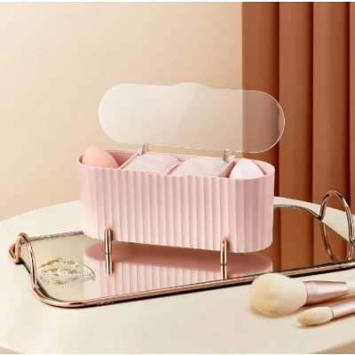 Imagen de Organizador de Almohadillas Maquillaje, Dispensador Algodón 3 Compartimentos, Caja Bastoncillos Algodonero con Tapa, Maquillaje Baño y Tocador (Rosa)
