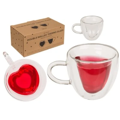Imagen de Vaso térmico de doble pared con forma corazón, aprox. 9 x 8,3 cm, 180 ml, cristal brosilicato, juego 2 unidades en embalaje papel kraft