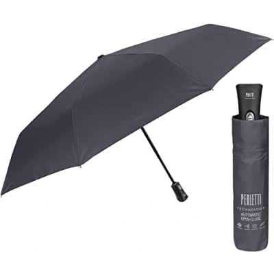 Imagen de PERLETTI Paraguas plegable para hombre, cortavientos, portátil, grande y compacto, liso, ligero, de fibra vidrio, se abre cierra automáticamente, libre PFC Diámetro 104 cm Technology (gris)