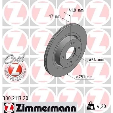 Imagen de ZIMMERMANN COAT Z 380.2117.20 Disco de freno 251 17 6/4 4 100 ventilación interna revestido MITSUBISHI: Mirage / Space Star Hatchback