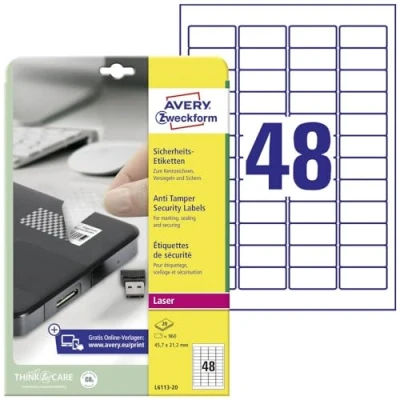 Imagen de Avery Zweckform Sicherheits Etiketten L6113 20 45.7 x 21.2 mm Etiqueta autoadhesiva