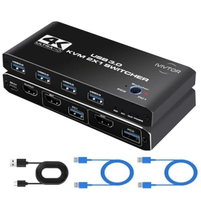 Imagen de IVIVTOR 4 Puertos USB 3.0 Switch 2 Entradas y Salidas con Cable para Compartir Dispositivos de Teclado, Ratón, Memorias USB, Disco Duro, Impresoras, Escáneres, auriculares, etc