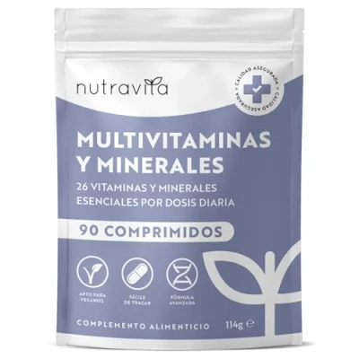Imagen de Multivitaminas y Minerales 90 Comprimidos Veganos Complejo Multivitaminico Completo con 26 Esenciales Vitaminas A B C D3 E Calcio Zinc Vitaminico para el Cansancio Hombre Mujer Nutravita