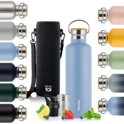 Imagen de Blumtal Termo 750ml botella de acero inoxidable doble pared isotérmica libre BPA té deportiva Gris Azul