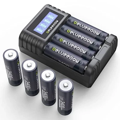Imagen de Delyeepow Pilas Recargables AA con Cargador,Paquete de 8 Litio 1,5 V y 3400 mWh, LCD Cargador para Ni MH/Ni CD/Li Po AA/AAA