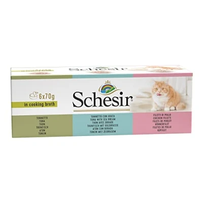 Imagen de Schesir Cat in Caldo Comida para Gatos húmeda con atún, Filete de Pollo y besugo Dorado en su Propio cocción, Alta tolerabilidad, Multipack latas (6 x 70 g)