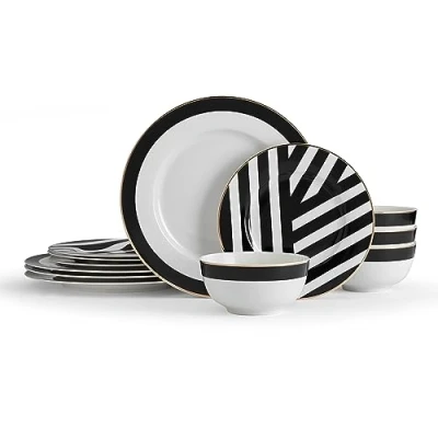 Imagen de Mikasa Luxe Deco Vajilla de Porcelana 12 Piezas, Servicio para 4 con Impresión Geométrica, 4x Platos Llanos, Postre &amp; Tazones Apto Lavavajillas