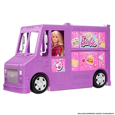 Imagen de Barbie Food truck de juguete , muñeca y vehículo restaurant con 25 accesorios (Mattel GMW07)