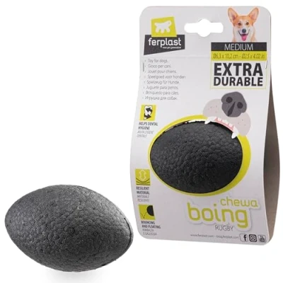 Imagen de Ferplast Juguete Perro, en Material Duradero, No Tóxico, Resistente a Mordeduras, para Higiene Dental del Rebota y Flota, CHEWA Boing Rugby Pelota, Juguetes Perros Medianos, Negro