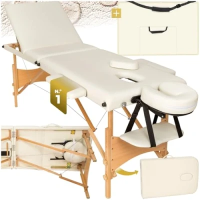 Imagen de TecTake® Camilla Masaje Plegable de Aluminio, Profesional para Fisioterapia, Estética Profesional, Quiromasaje, Tatoos, Reiki, Altura Ajustable, 3 Zonas, con Bolsa Transporte Beige