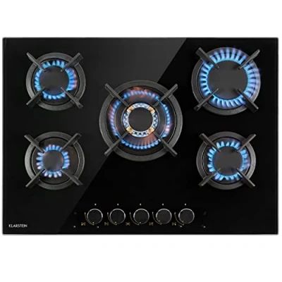 Imagen de Klarstein Cocina de Gas Butano, Placa 5 Fuegos 10400W, Vitroceramica Integrado para Cocina, Diseño Encimera Fogones con Base vidrio y Acero Inoxidable