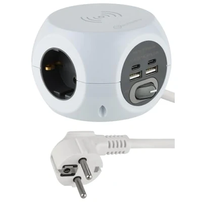 Imagen de Electraline 62079, Bloco Mini Cubo con Cargador Inalámbrico Rápido, Fast Wirelss Charger, 3 puertos USB 2.4 A, tomas interruptor, Cable 1,5M, Blanco