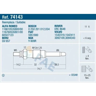 Imagen de FAE 74143 Bujía de precalentamiento 11V M12x125 LAND ROVER: Range Rover 1