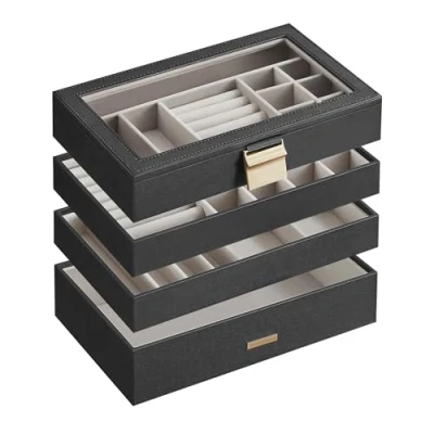 Imagen de SONGMICS Caja Joyero con 4 Bandejas Apilables, de Joyas Grande, Tapa Cristal Transparente, 17 x 28 18,3 cm, para Cajón Tocador, Idea Regalo, Negro JBC164B01