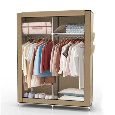 Imagen de INTIRILIFE Armario Plegable 108x170x45 cm en CRÈME Beige de Tela con Cremallera y Barra Colgar, Bolsillo Lateral Compartimentos Estante enchufable, Estructura metálica