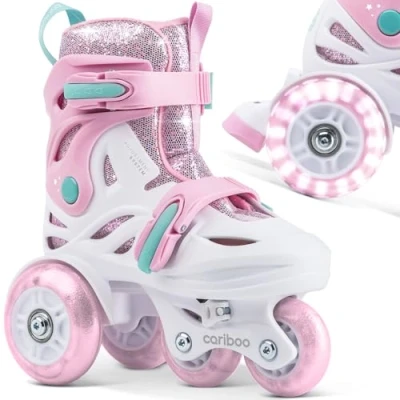 Imagen de cariboo Patines En Línea para Niños Principiantes Tamaños Ajustables XS 26 30 con Ruedas Que Purpurina Rosa Menta Ballerina