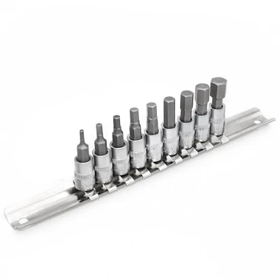 Imagen de DAKCOS 1/4&quot; Juego de 9 Llaves Vaso Hexagonales SAE 3/32 3/8 Pulgadas, Kit Vasos Cr V Broca Acero Aleación S2