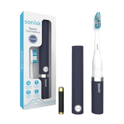 Imagen de Sonisk Pulse Cepillo de dientes eléctrico con pilas Tecnología Sonic 1 batería, 2 cabezales cepillo, 31 000 movimientos por minuto, antimicrobiano, tamaño portátil, negro mate