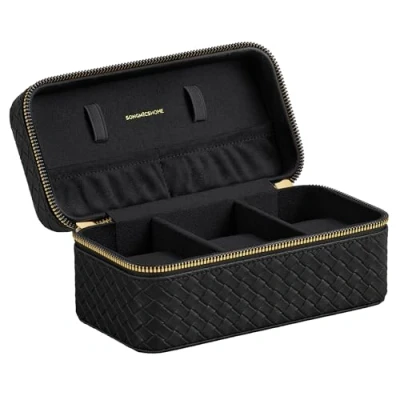 Imagen de SONGMICS HOME RONNE Colección Caja para 3 Relojes de Viaje, Ranuras, Tejido PU Repujado, 10 x 20 9 cm, Idea Regalo, Superficie Negro Tinta y Forro JWB017B01