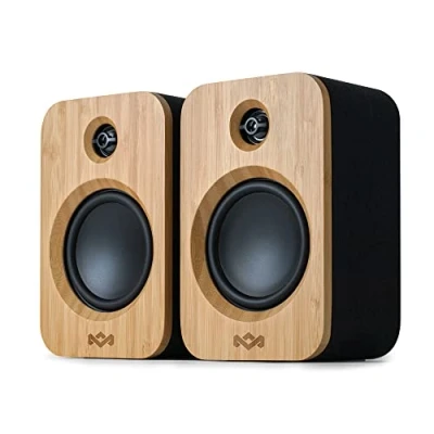 Imagen de House of Marley Get Together Duo Altavoz Bluetooth de Estantería Bambú Sostenible, Tocadiscos Inalámbricos, con Alimentación Eléctrica o 25 h Batería, Entrada Aux., Alta Definición