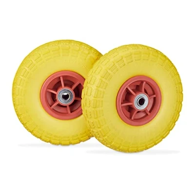 Imagen de Relaxdays Carretilla 2 Ruedas de Carro, Antipinchazos, Macizas, 4.10/3.50 4&quot;, Eje 16 mm, hasta 150 kg, 260x85mm, Amarillo/Rojo, Caucho