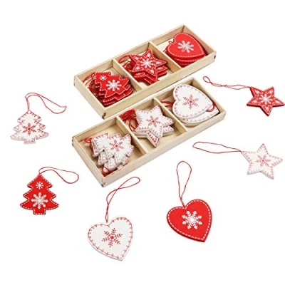 Imagen de BELLE VOUS Pack de 24 Adornos Madera Árbol Navidad 6 Diseños x 4 Piezas Corazón Blanco y Rojo, Árbol, Forma Estrella Colgante en Caja con Cuerda Roja para Fiesta