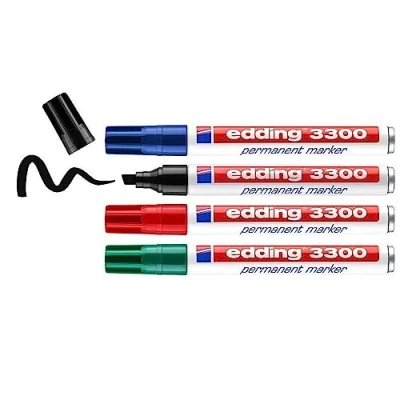 Imagen de edding 3300 marcador permanente negro, rojo, azul, verde juego de 4 punta biselada 1,5 3 mm indeleble secado rápido resistente al agua y a los borrones cartón,plástico,madera,metal,tela