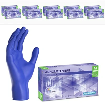 Imagen de ARNOMED guantes nitrilo talla M, azul océano, de nitrilo, 1000 unidades (10 cajas), desechables sin polvo, goma látex, en tallas S, L y XL