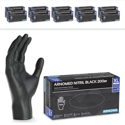 Imagen de ARNOMED guantes nitrilo negros talla XL, 2000 unidades (10 cajas con 200 uds.), S, M, L, desechables, guante desechable sin polvo, de goma látex