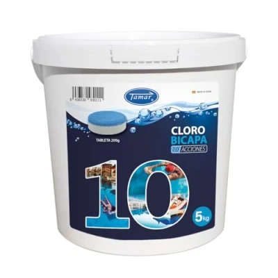 Imagen de Tamar Cloro 10 Acciones Bicapa, Tabletas Multifuncion de 200 grs biocida Especial multiacción Tratamiento Completo Piscinas, Capa acción rapida y disolución Lenta Efectos, Bote 5 Kilos