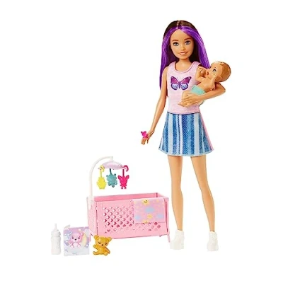 Imagen de Barbie Skipper Muñeca niñera Morena con mechas, Cuna, bebé y Accesorios para su Cuidado, Juguete +3 años (Mattel HJY33)