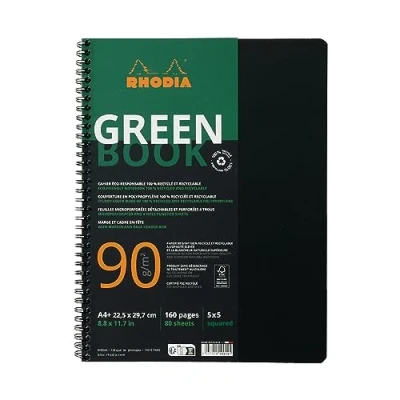 Imagen de Rhodia 119912C Rhodiactive Greenbook petits carreaux 5/5 avec cadre en tête, A4+ reliure intégrale, 160 pages microperforées, perf.4 trous, papier recyclé 90g FSC®