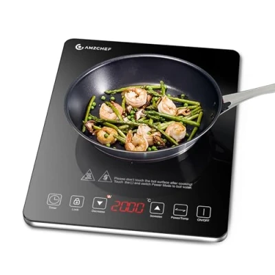 Imagen de Placa inducción, Portátil de inducción AMZCHEF con diseño ultrafino, 10 niveles temperatura y ajustes potencia, 2000W, cronómetro 3 horas, cerradura seguridad