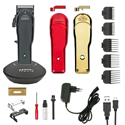 Imagen de Gammapiu Absolute Alpha Clipper profesional, cortapelos para hombre con motor giratorio, 4 horas de autonomía inalámbrica, hoja ajustable, silenciosa, 3 fundas rojo, dorado y negro, 5 peines, kit