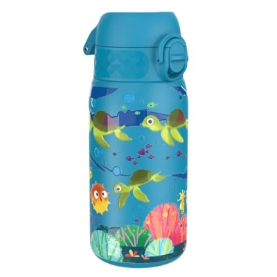 Imagen de Ion8 Botella Agua Acero Inoxidable para Niños, 400ml, a Prueba de Fugas, Fácil Abrir, Cerradura Segura, Apta Lavavajillas, Asa Transporte, Limpiar, Diseño Tortuga Marina