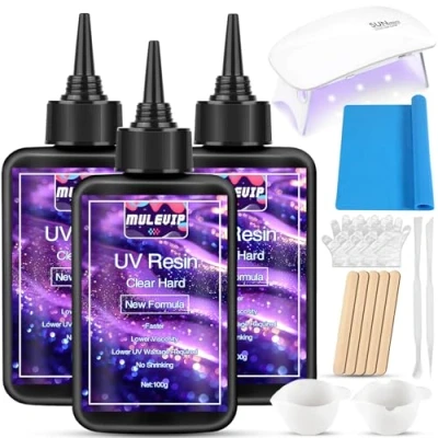 Imagen de MULEVIP Resina UV 300g Transparente,UV Resin,Resina Transparente Joyeria,Resina Epoxi para Joyas y Artesanías Oficios Principiantes,con Lampara Resina,Almohadilla de Silicona