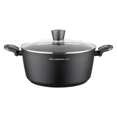 Imagen de FLORINA Olla de aluminio (6,1 l) 28 cm diámetro con tapa cristal antiadherente inducción ovalada Ideal para cocina inducción, gas y eléctrica (Negro)