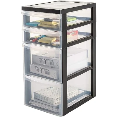 Imagen de Iris Ohyama Unidad de almacenamiento plástico con ruedas y 2 cajones profundos superficiales, Negro, asas fácil extracción, multiusos, A4, oficina, Torre, Organizador, DC 322