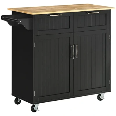 Imagen de HOMCOM Carro de Cocina con Ruedas Mueble Auxiliar 2 Cajones Puertas Estante Ajustable y Toallero para Comedor Salón 104x46x91 cm Negro