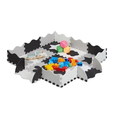 Imagen de Relaxdays Alfombra Puzle Bebés, 34 Piezas, Goma EVA, Sin Sustancias Nocivas, Colchoneta Juego, Bordes, Gris y Blanca, PE, PEVA, 1 x 31,5 31,5cm