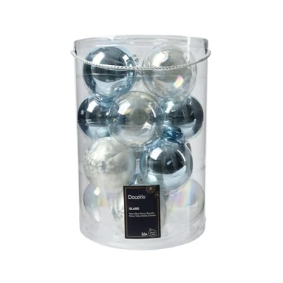 Imagen de Kaemingk bolas de Navidad cristal, 8 cm, 16 unidades, brillantes, grandes para árbol Navidad, adornos y decoración mezcla color azul