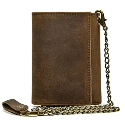 Imagen de newsbirds Cartera Hombre, Hombre Monedero de Cuero con Billetera Piel Cremallera Tríptico 9 Ranuras para Tarjetas Carteras Cadena, Marrón