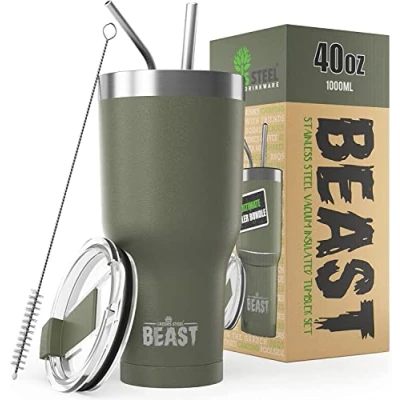 Imagen de Greens Steel BEAST Termo Café para Llevar 1050ml I Verde Militar Taza Térmica de Acero Inoxidable Reusable Viajera Doble Pared al Vacío 2 Pajitas y Cepillo Limpieza